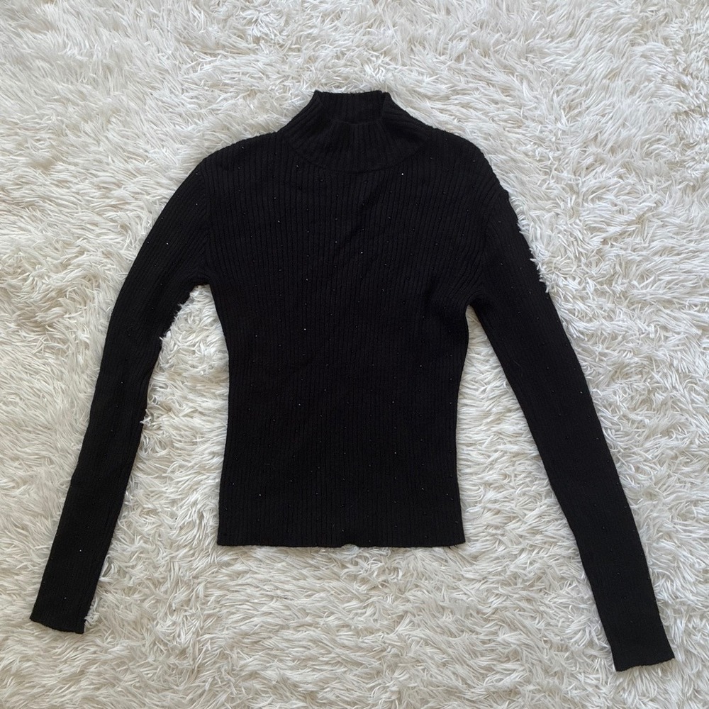 Madden Girl Black Ribbed Rhinestone Mock Neck Sweater Small Long Sleeve